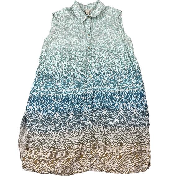 Chicos Size 2/ L Womens Blue Button Up Linen Stamped Ombre Linen Side-Slit Tunic - Picture 1 of 9